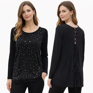 Joseph Ribkoff Black Top with Silver & crystal like stud Accents NWT